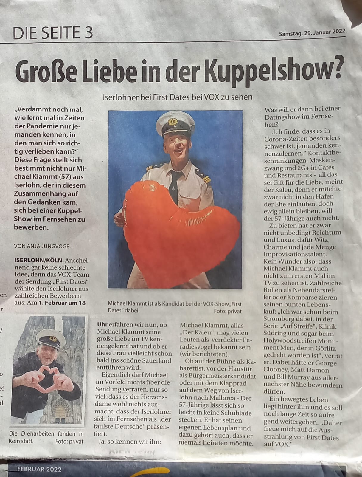 Flirt in der Kuppelshow ( Stadtspiegel Iserlohn/Hemer vom 29.01.22 )